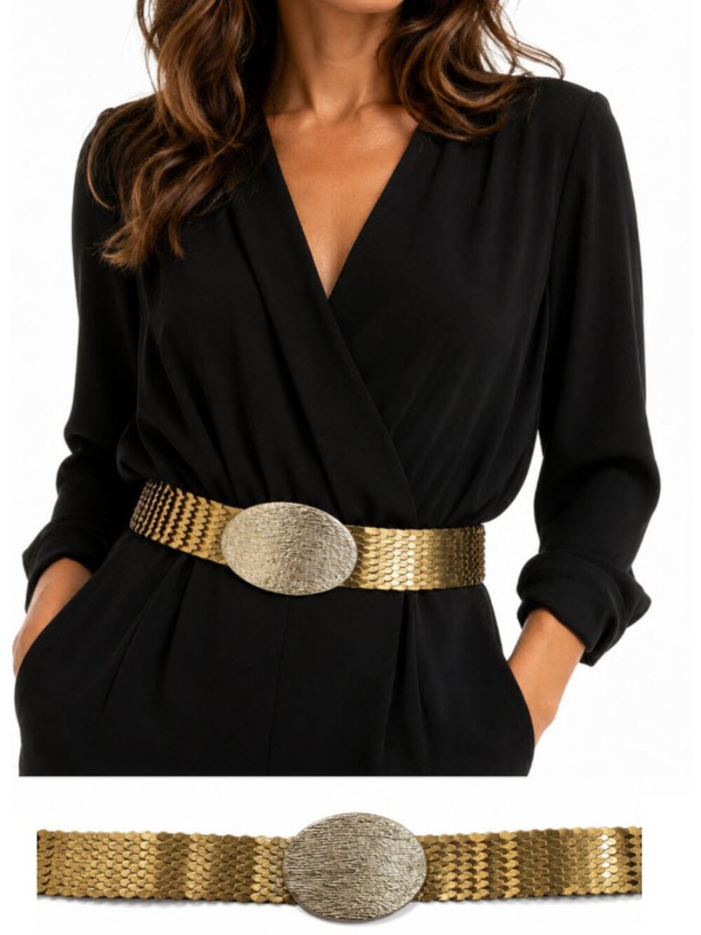 Gold Silver Textured Stretch Wide Belt Statement Chain Metal OS